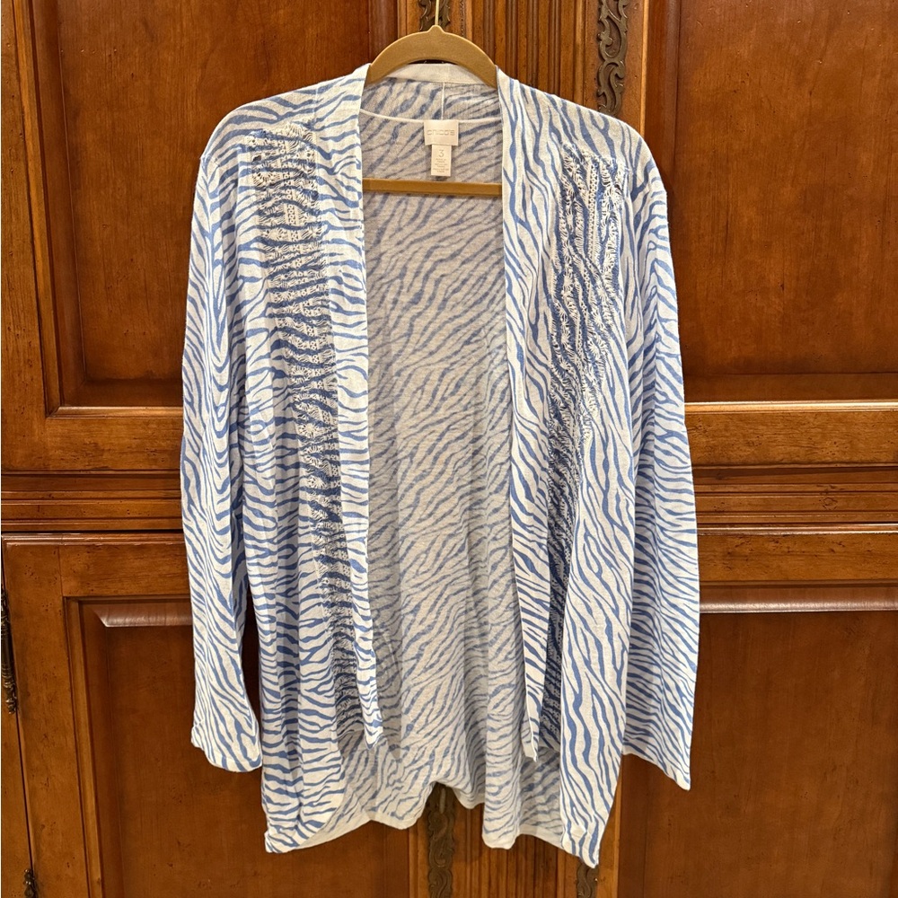 Chico's Blue and White Animal Print Cardigan